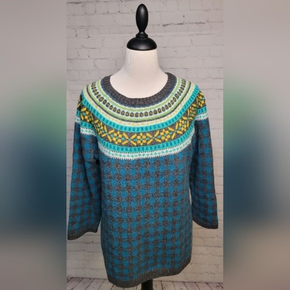 Talbots Nordic Fair Isle Sweater Sz L Lambswool Blend Plaid 3/4 Sleeve Teal Crew